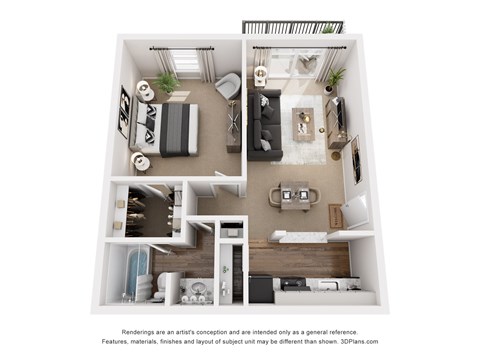 Floor plan for 1 bed, 1 bath, 750 sqft